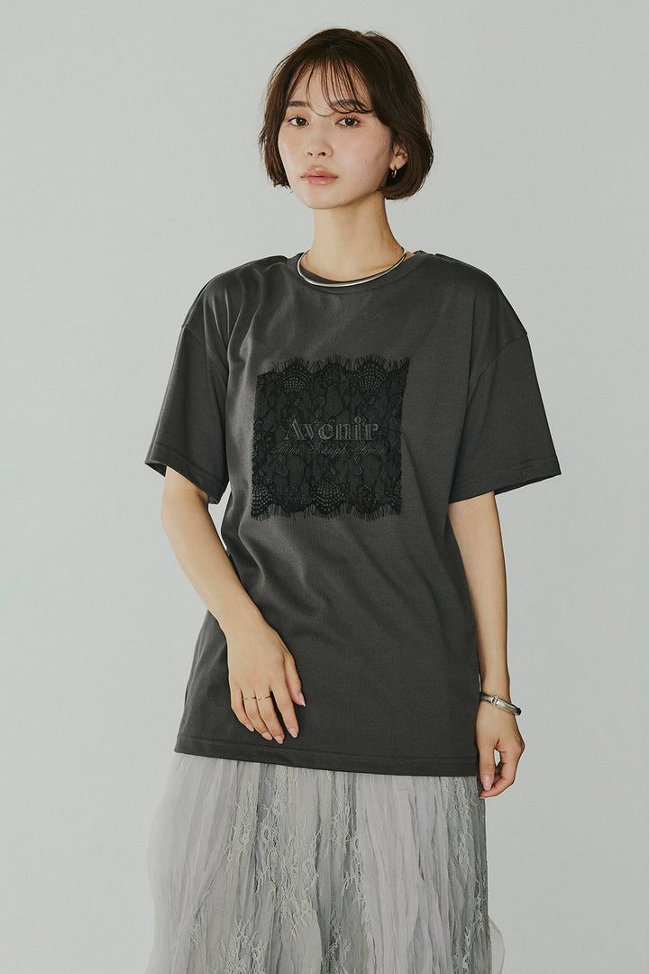[SET]レースロゴ刺繍Tシャツ+レースコンビワッシャーギャザースカート(2set)