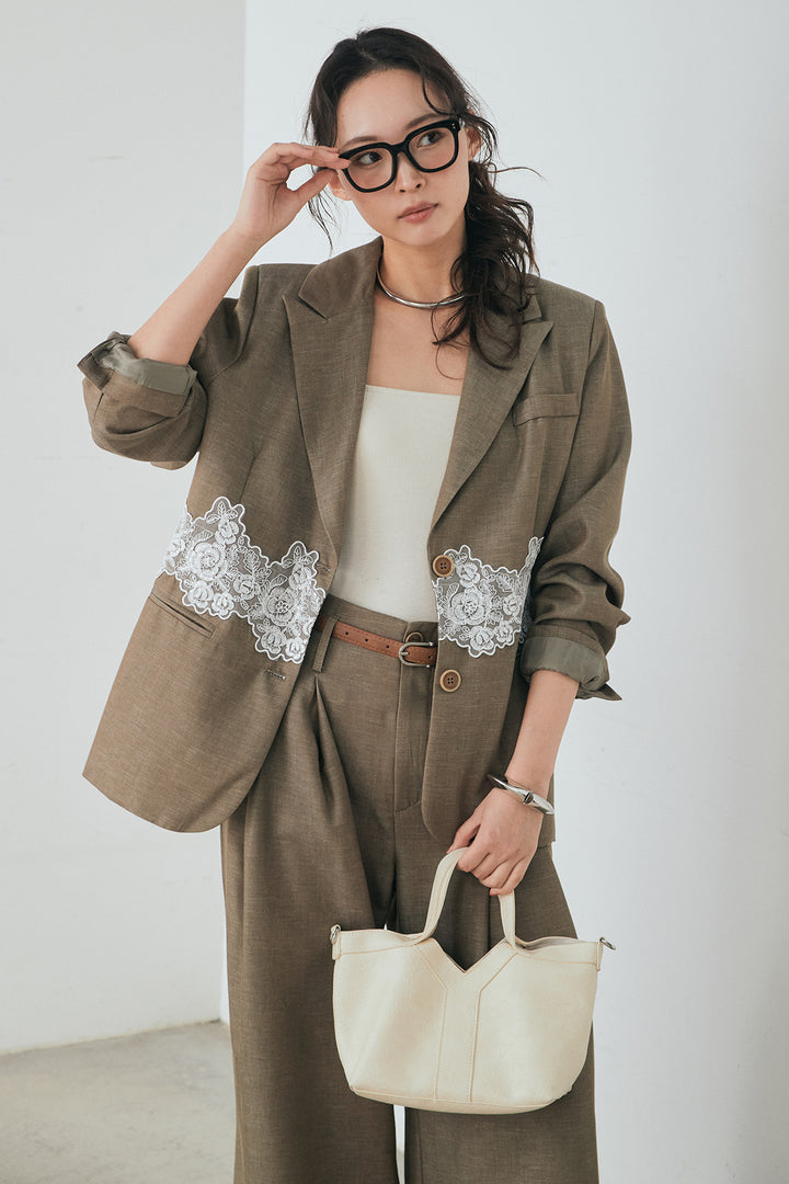 [SET]リネンタッチレースデザインジャケット+リネンタッチ細ベルト付きワイドパンツ(2set)