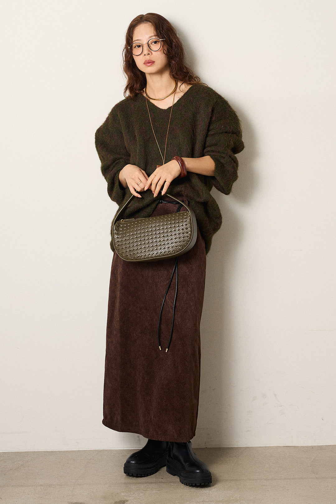 [SET]フラッフィーレオパードシャギーニット+ロープベルト付きスウェード調スカート(2set)