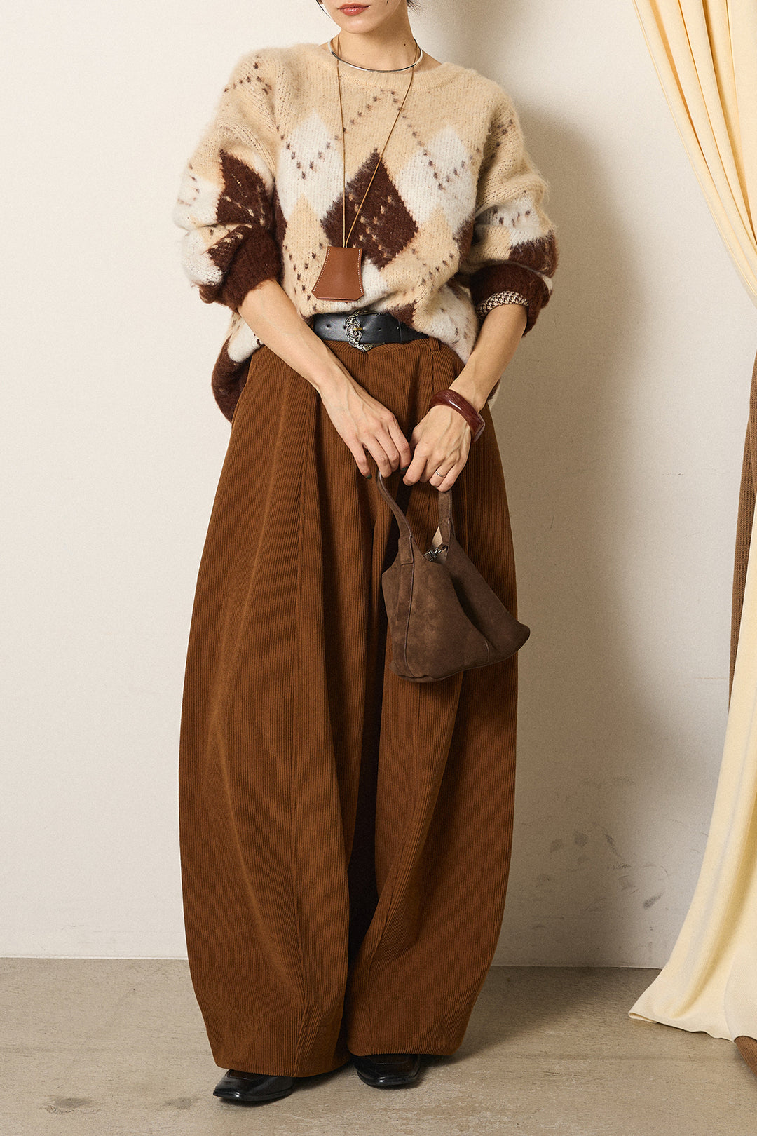 [SET]配色アーガイル柄ニットトップス+ベルト付きコーデュロイワイドパンツ(2set)