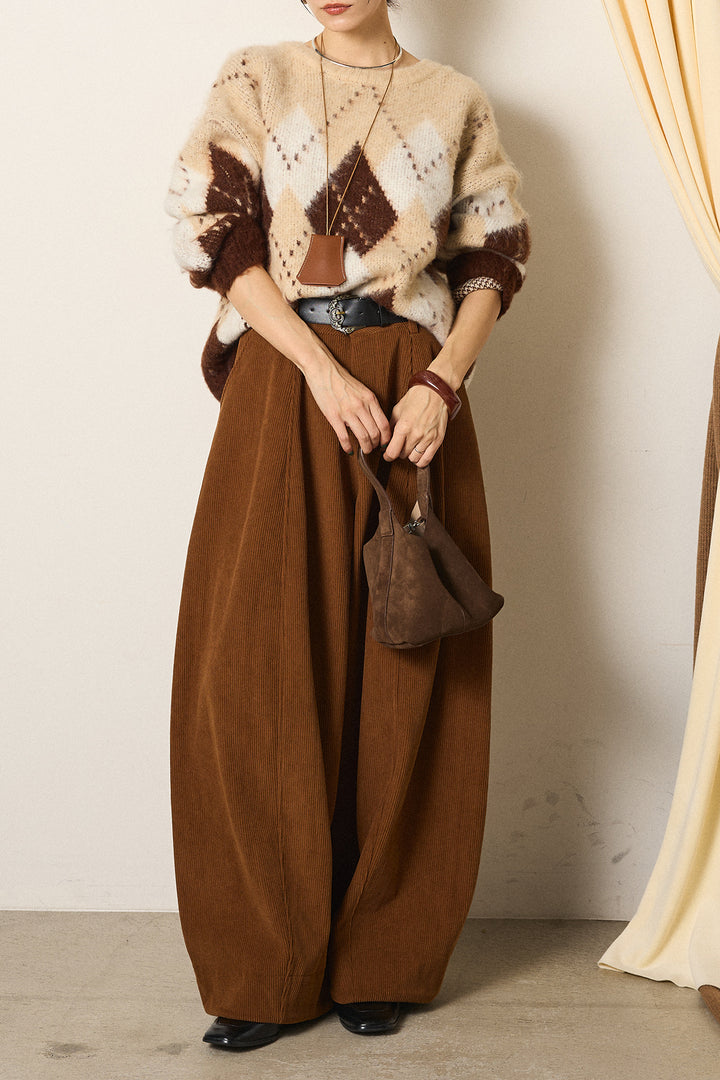 [SET]配色アーガイル柄ニットトップス+ベルト付きコーデュロイワイドパンツ(2set)
