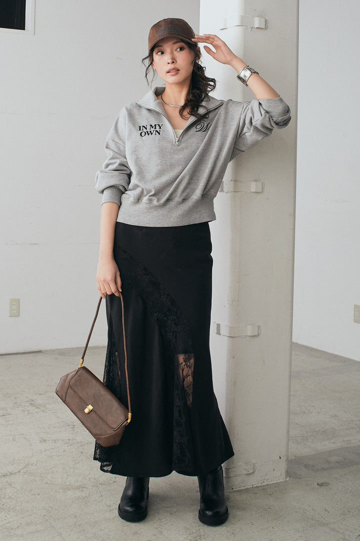 [SET]裏毛ロゴ刺繍ハーフZIPスウェット+刺繍レースデザインサテンスカート(2set)