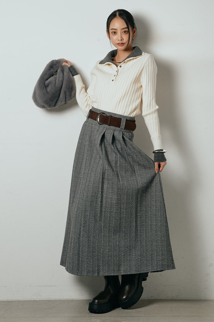 [SET]レイヤード風リブニットトップス+太ベルト付きヘリンボーンプリーツスカート(2set)
