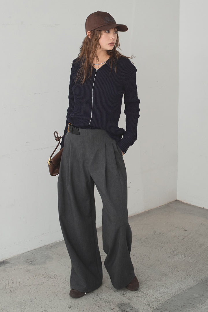 [SET]衿付きニットプルオーバー+サイドベルトタック入りスラックス(2set)