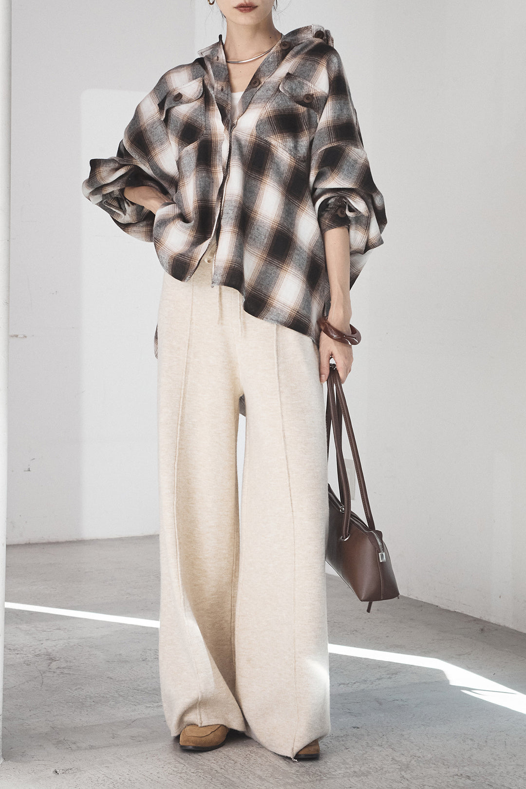 [SET]オンブレーチェックビッグシルエットCPOシャツ+センターラインニットパンツ(2set)