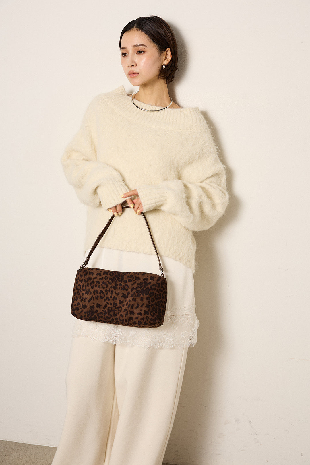 [SET]アルパカタッチオフショルニット+裏起毛スウェットワイドパンツ(2set)