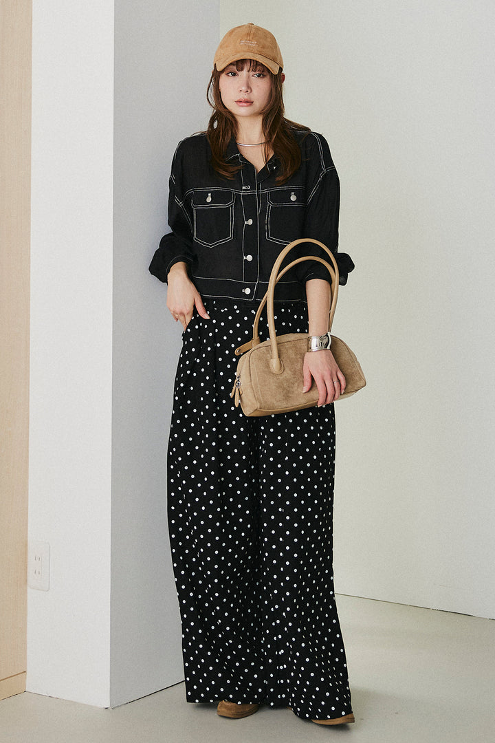 [SET]配色ステッチシアーシャツ+ベルト付きドット柄ワイドパンツ(2set)