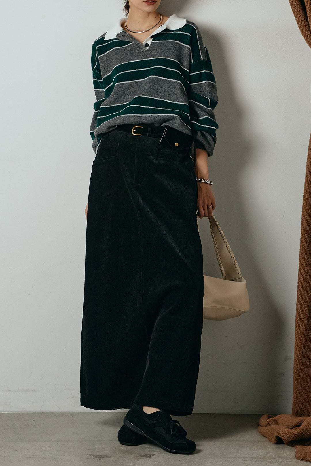 [SET]ラガーニットボーダーポロプルオーバー+ポーチベルト付きコーデュロイワイドスカート(2set)