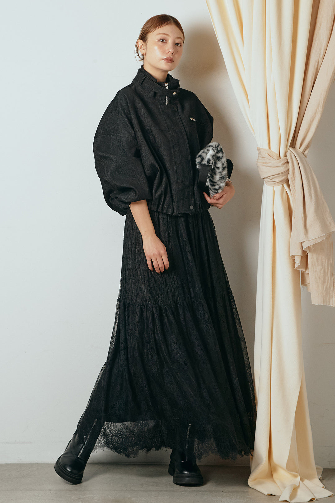 [SET]デニム調ハイネックブルゾン+ひげレース切替ロング丈スカート(2set)