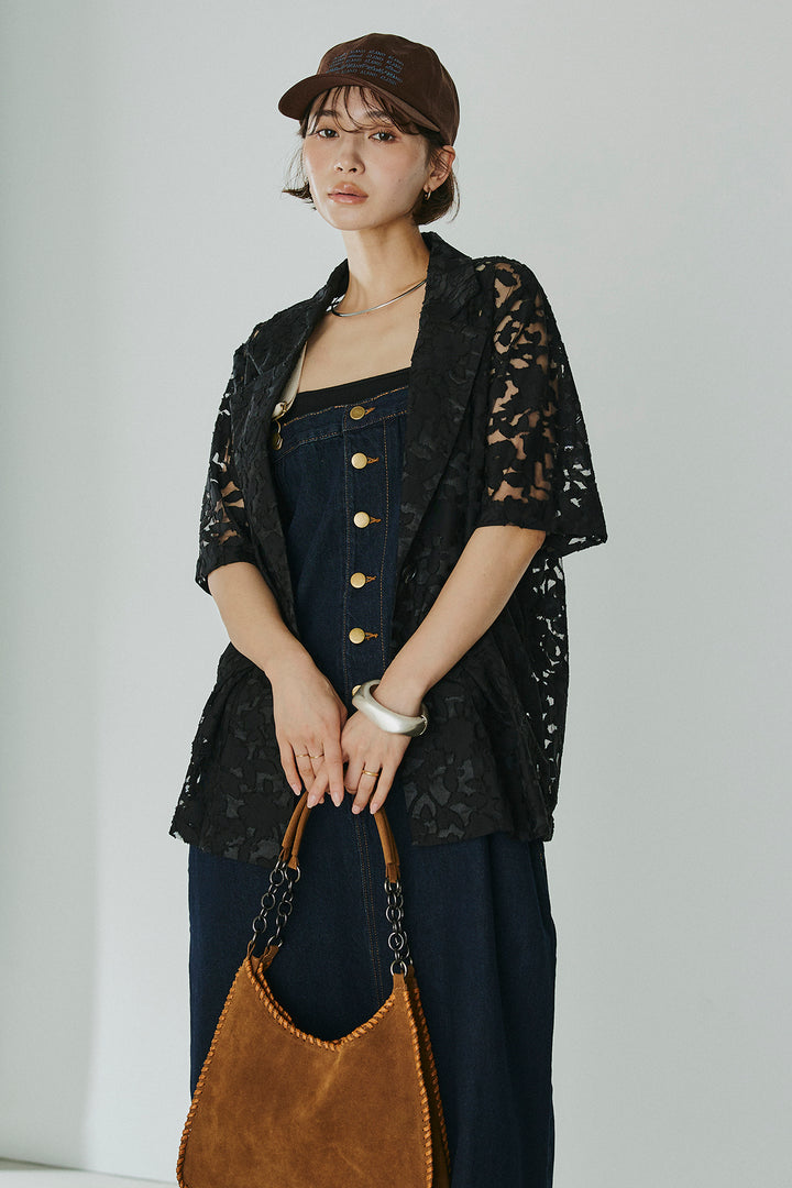 [SET]シアージャガードハーフスリーブテーラードジャケット+配色ショルダーデニムサロペットスカート(2set)