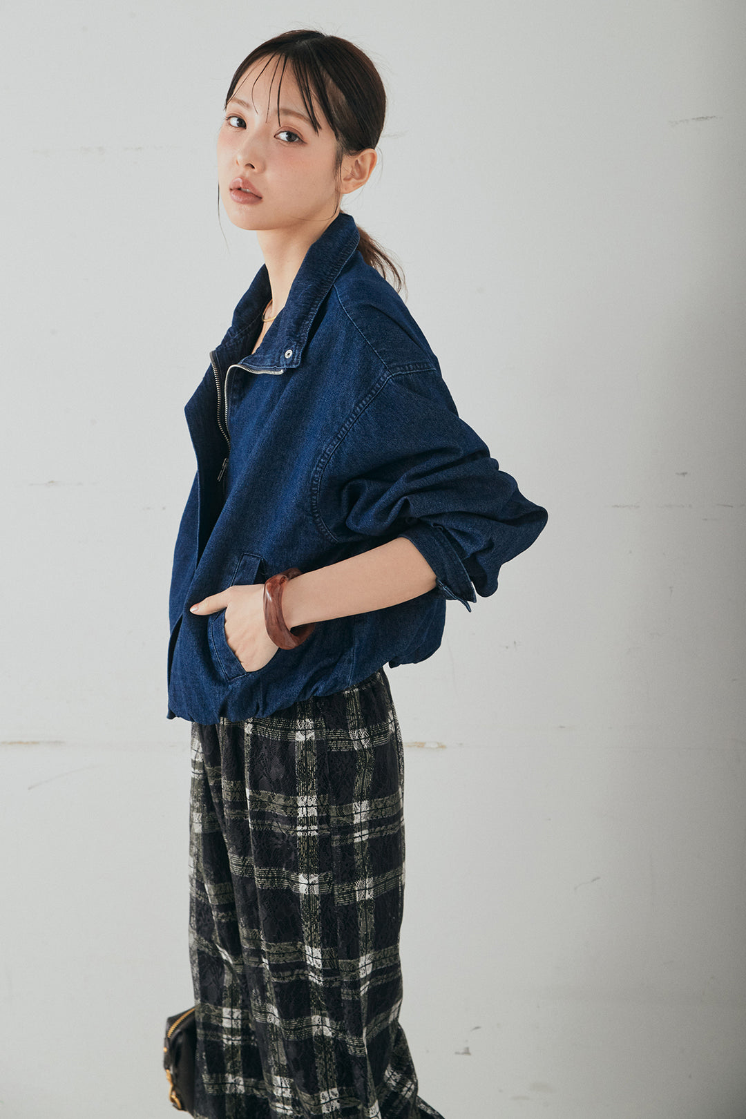 [SET]スタンドカラーデニムブルゾンジャケット+レースチェックワイドイージーパンツ(2set)