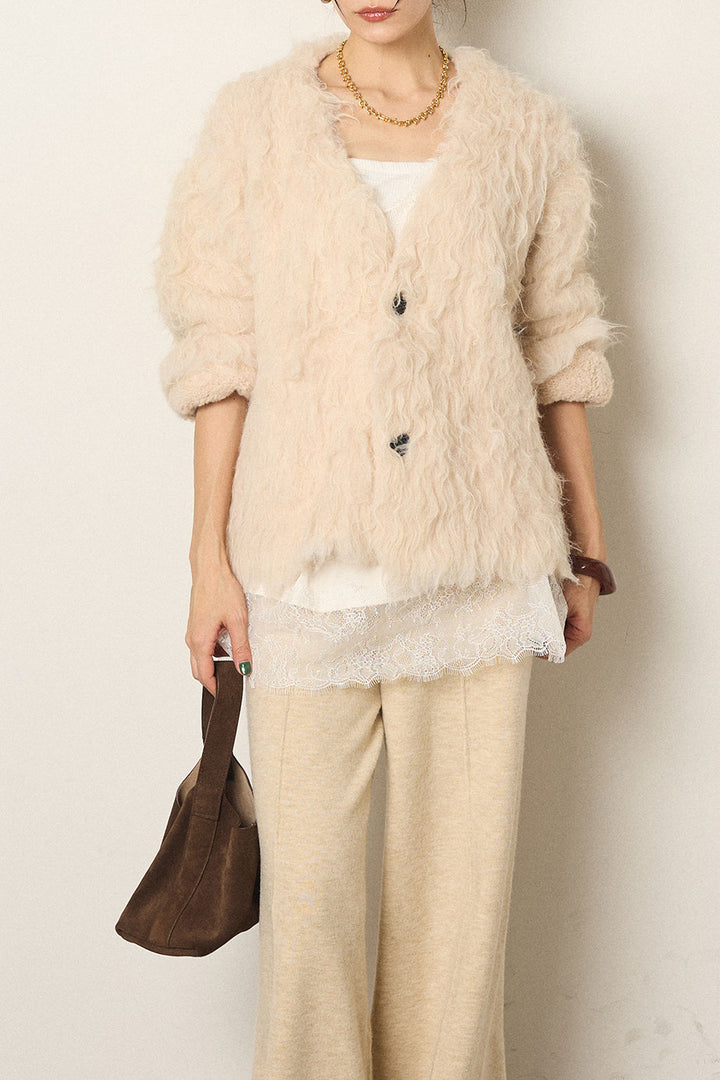 [SET]起毛シャギーニットカーディガン+レース切り替えキャミソール(2set)