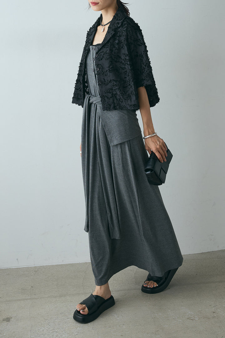 [SET]半袖オープンカラージャガード柄シャツ+ウエスト巻きリブロングワンピース(2set)