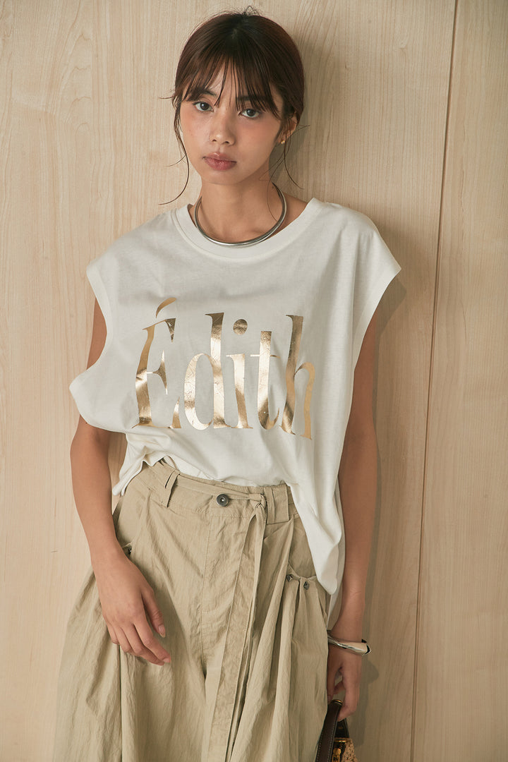 [SET]箔ロゴプリントノースリーブTシャツ+スタッズ付きポケットタックパンツ(2set)