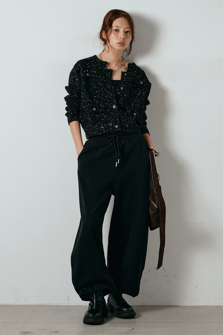 [SET]ネップニットカーディガン+スウェットワイドカーブパンツ(2set)