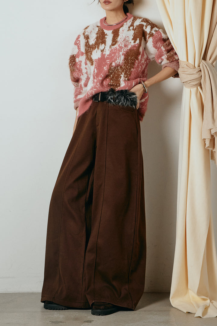 [SET]起毛ニュアンス柄ニットプルオーバー+ファーベルト付きワイドパンツ(2set)