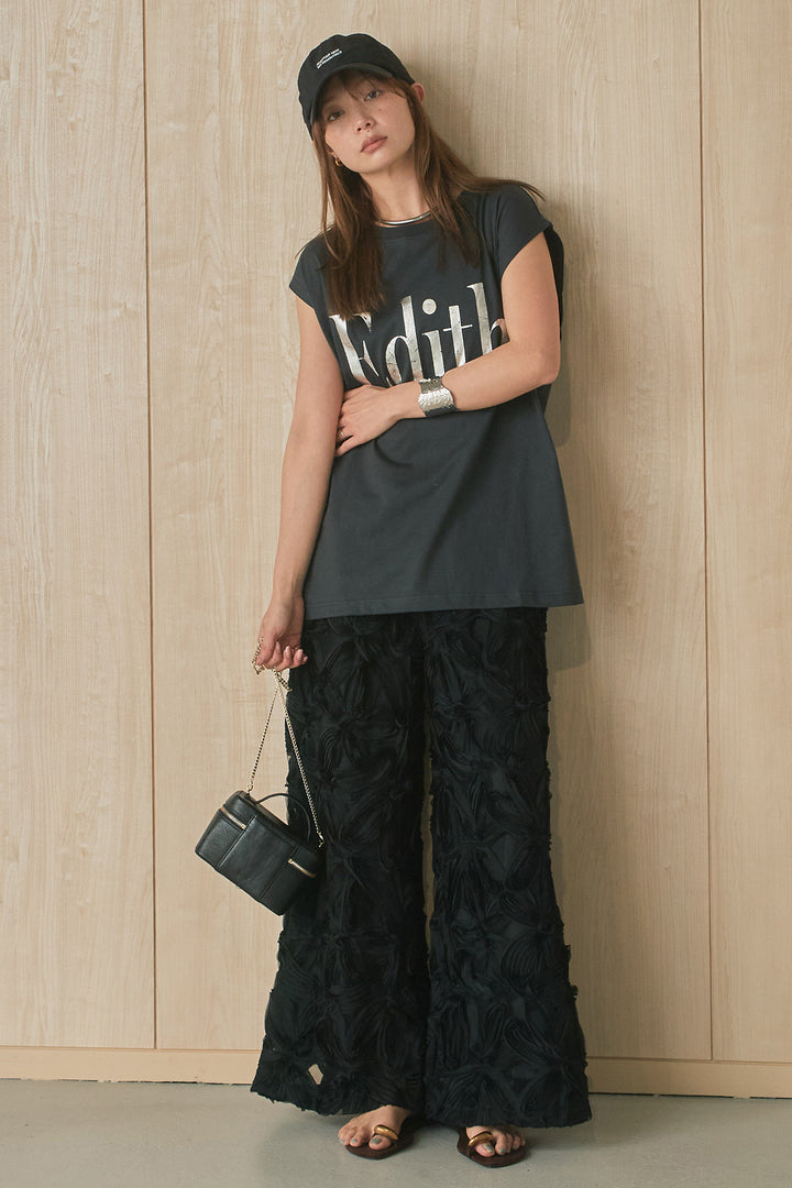 [SET]箔ロゴプリントノースリーブTシャツ+立体レースストレートパンツ(2set)