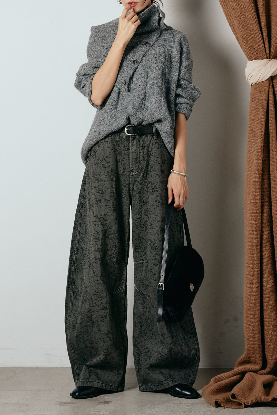 [SET]ケープデザインケーブルニットトップス+ベルト付きニュアンス柄カーブワイドパンツ(2set)