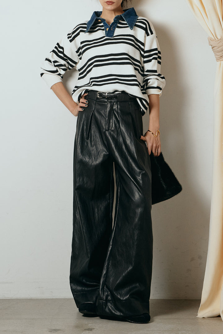 [SET]デニムレイヤード風ランダムボーダーニットプルオーバー+ベルト付きレザーライクタックパンツ(2set)