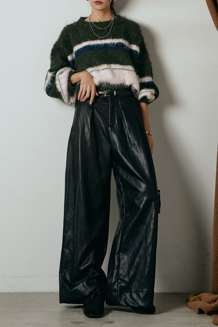 [SET]起毛配色マルチボーダーニットトップス+ベルト付きレザーライクタックパンツ(2set)