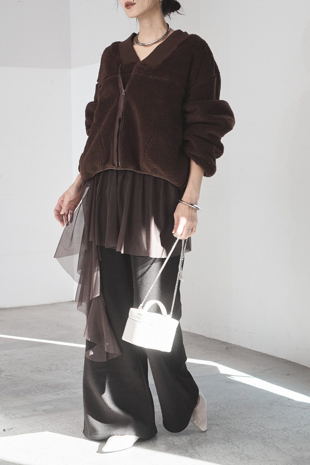 [SET]ノーカラーリブボアアウター+チュールレイヤードニットパンツ(2set)