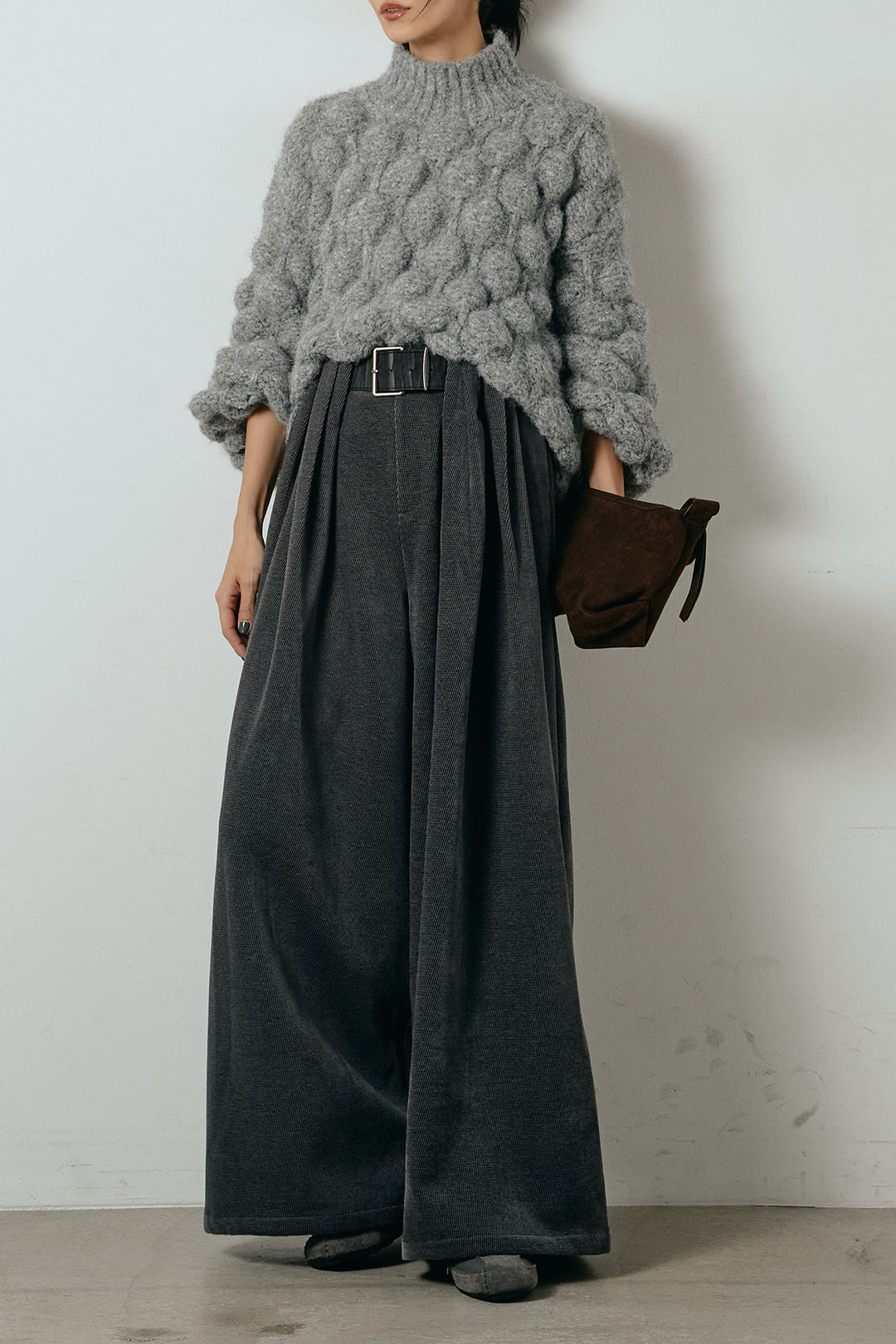 [SET]ボリュームポップコーンニットトップス+ベルトループコーデュロイワイドパンツ(2set)