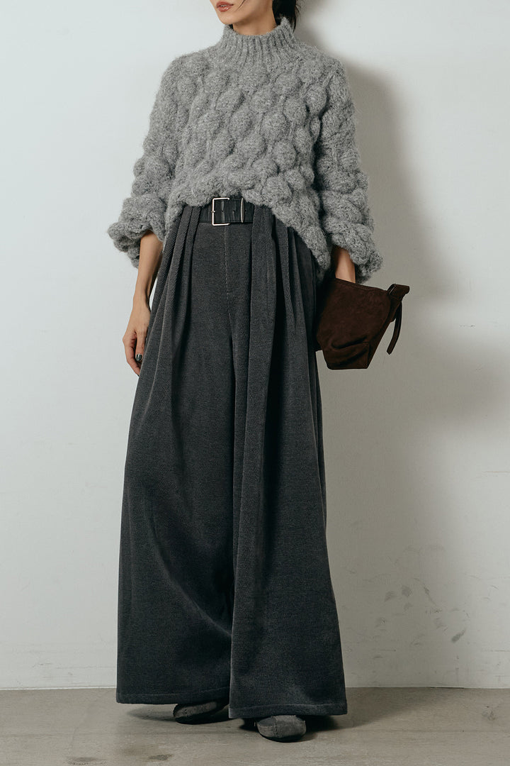 [SET]ボリュームポップコーンニットトップス+ベルトループコーデュロイワイドパンツ(2set)