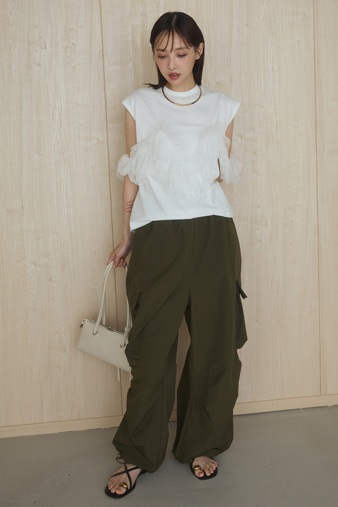 [SET]チュールフリルフレンチTシャツ+ルーズカーゴワイドパンツ(2set)