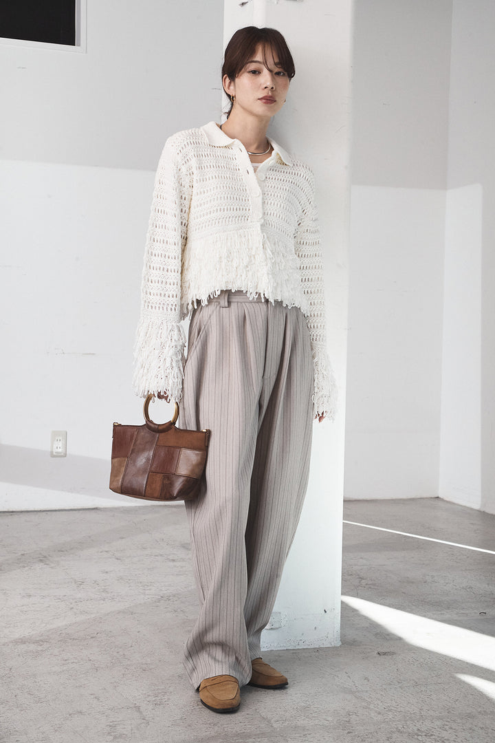 [SET]メッシュフリンジカーディガン+ヘリンボーンストライプツータックパンツ(2set)