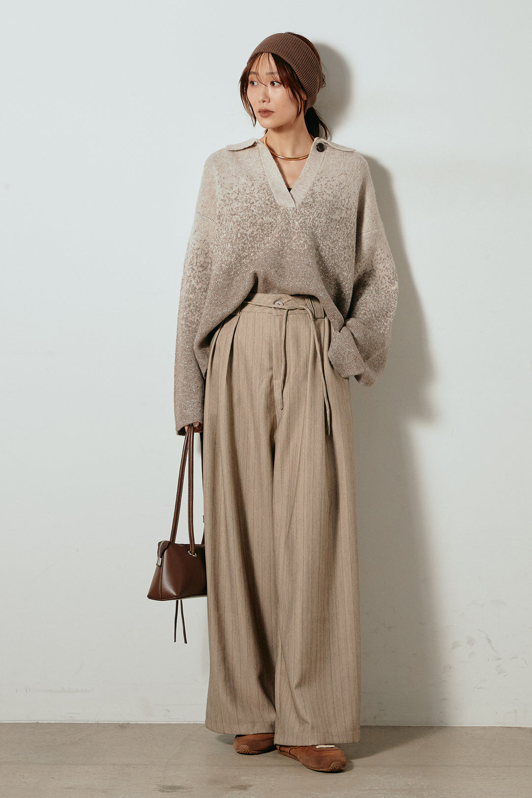 [SET]グラデーションラメニットキーネックプルオーバー+ストライプヘリンボーンパンツ(2set)