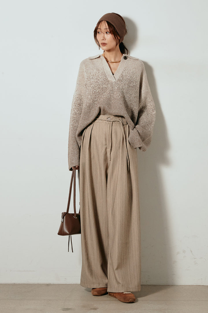 [SET]グラデーションラメニットキーネックプルオーバー+ストライプヘリンボーンパンツ(2set)