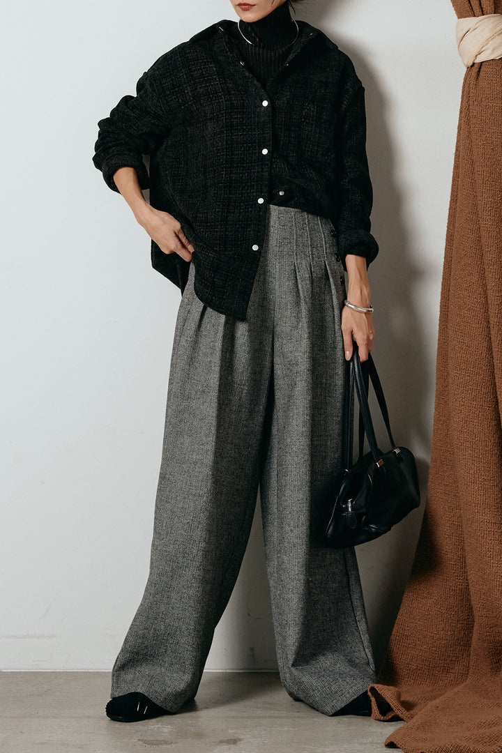[SET]ルーズクラッシュツイルシャツ+サイドボタンツイードタックパンツ(2set)