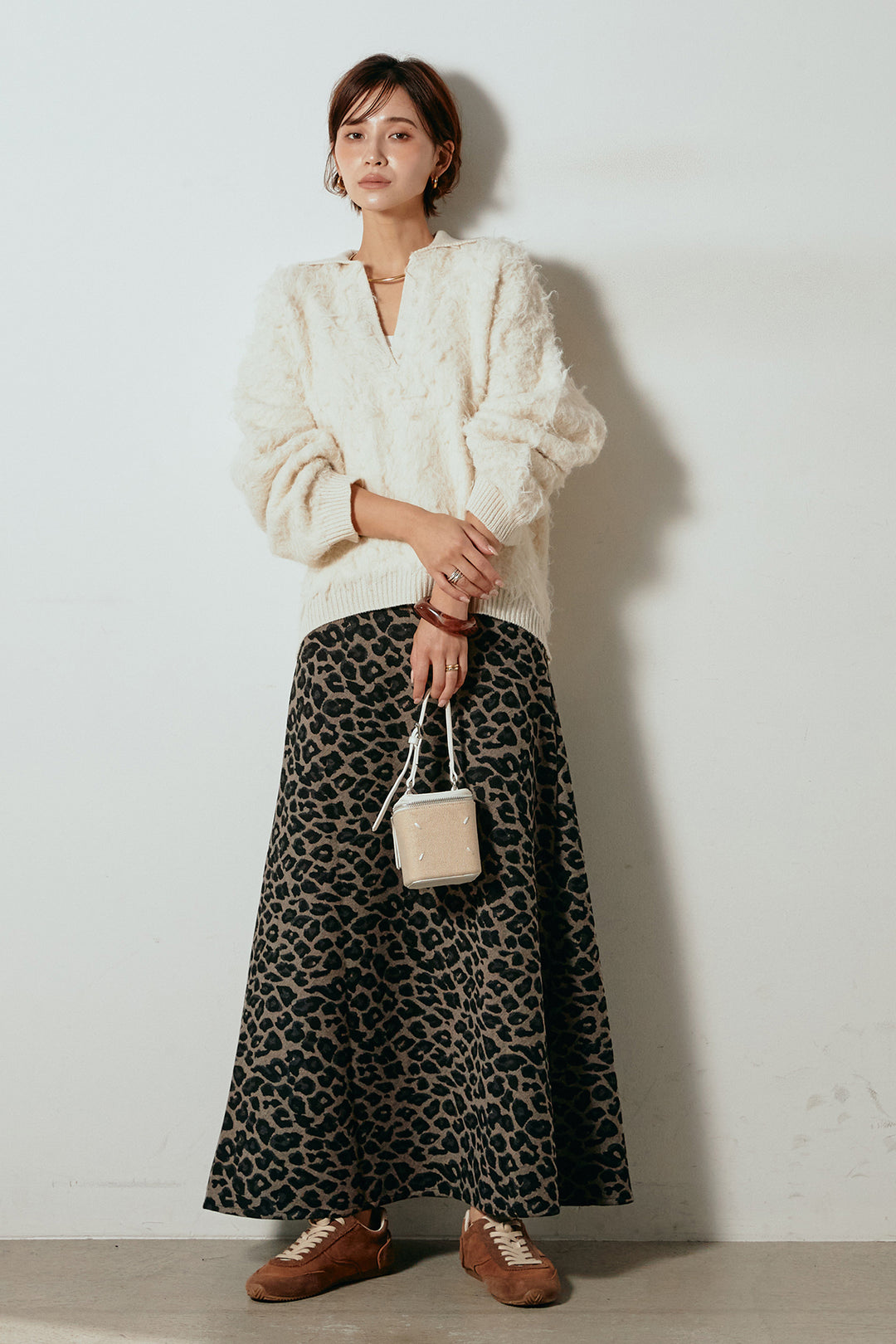 [SET]襟付きシャギーニットポロトップス+レオパードロングスカート(2set)