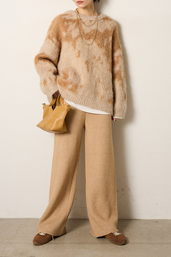 [SET]モヘアタッチマーブルニット+箔プリントBIGシルエットロングスリーブTシャツ+ワイドリブニットイージーパンツ(3set)