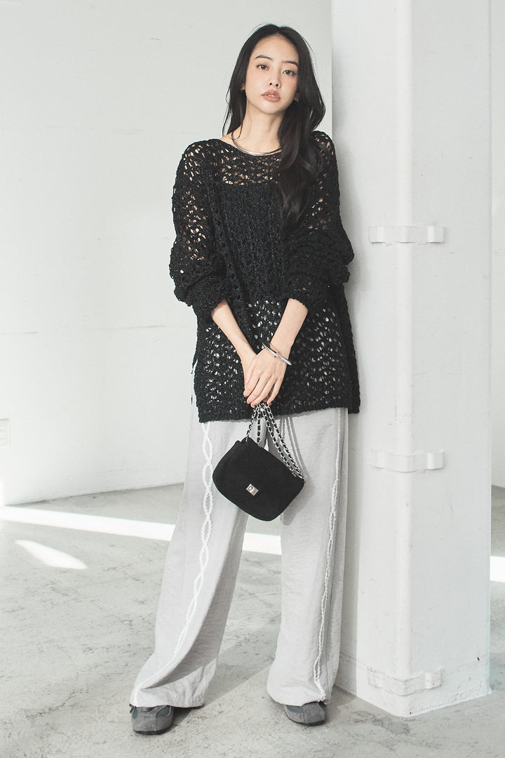 [SET]リラックスメッシュニットトップス+刺繡テープラインパンツ(2set)