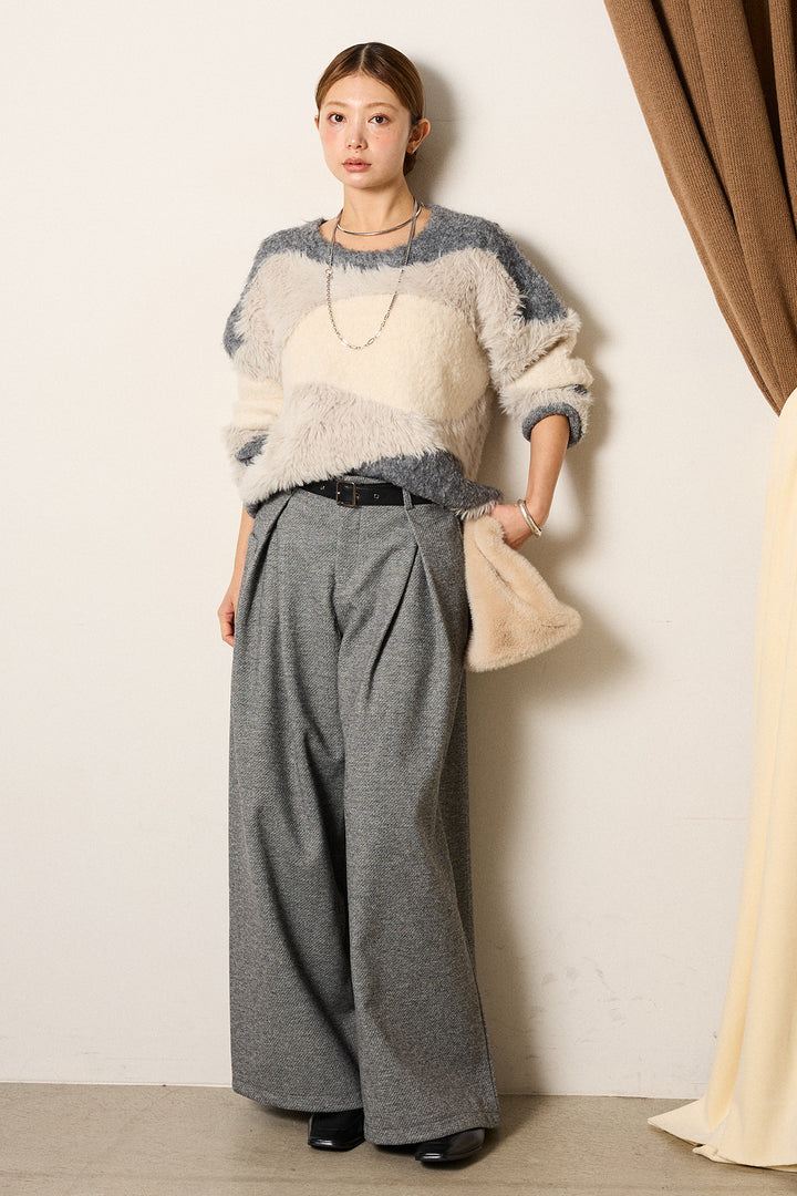[SET]シャギーウェーブ柄クルーネックニットトップス+細ベルト付き起毛タックワイドパンツ(2set)