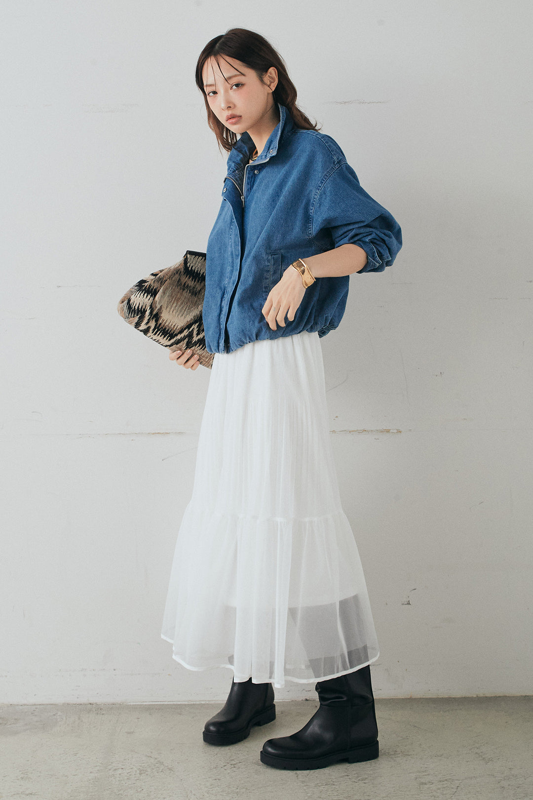 [SET]スタンドカラーデニムブルゾンジャケット+ボリュームシルエットチュールスカート(2set)