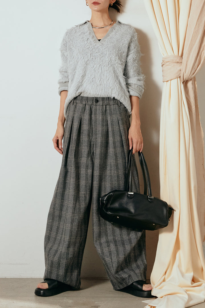 [SET]襟付きシャギーニットポロトップス+タータンチェック柄タックパンツ(2set)