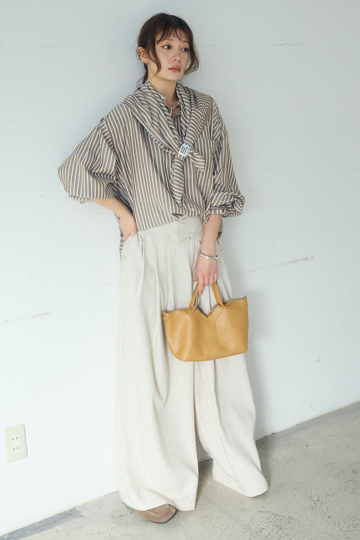 [SET]レーヨンストライプスカーフ+麻混タックワイドパンツ+レーヨンストライプバンドカラー長袖シャツ(3set)