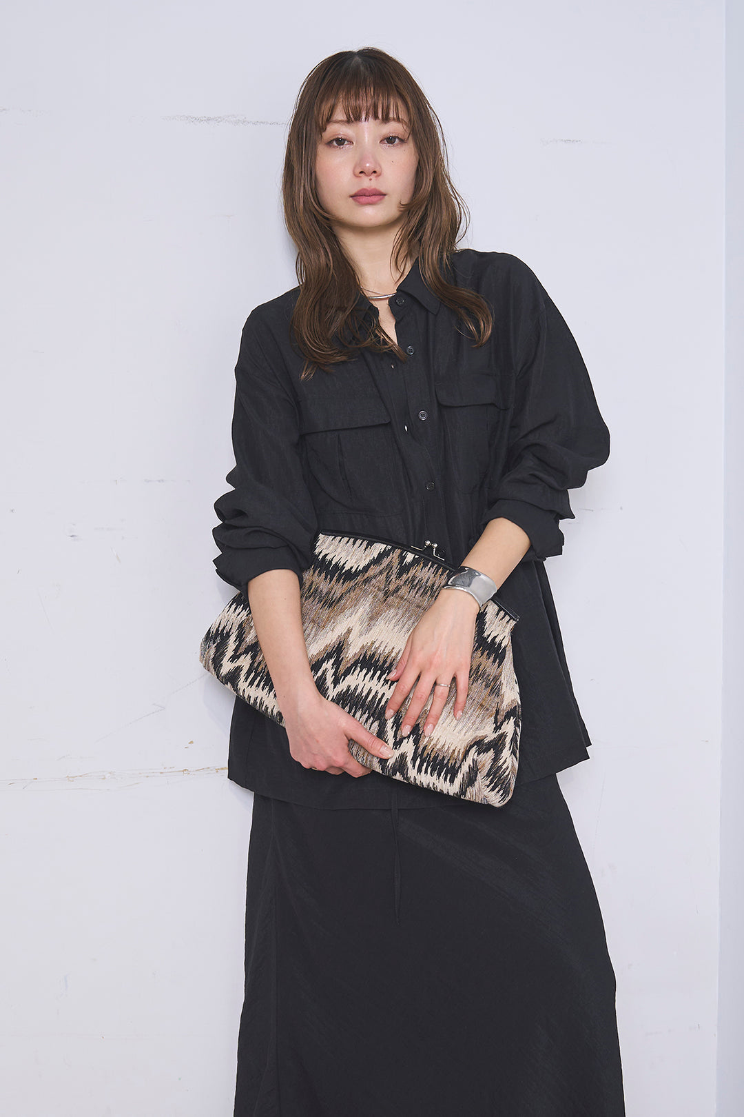 [SET]リネンブレンドシアーサファリシャツ+リネンブレンドロングナロースカート(2set)