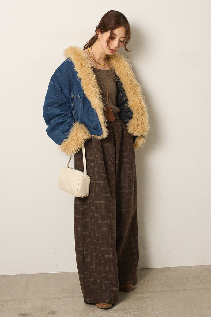 [SET]エコファーデニムボアジャケット+ウールライクチェックタックパンツ(2set)