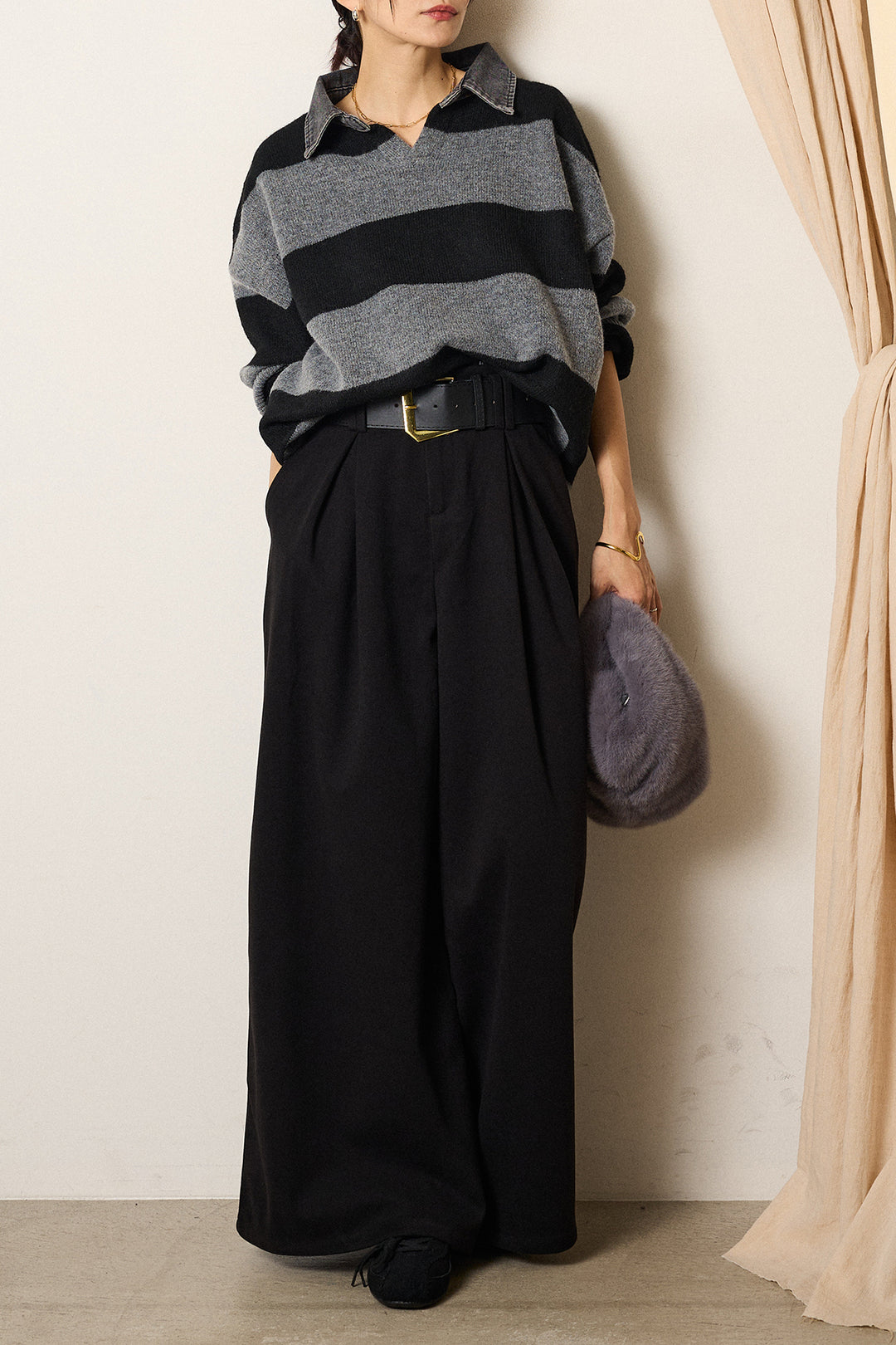 [SET]デニムカラーボーダールーズニット+ゴールドバックル太ベルト付きワイドパンツ(2set)