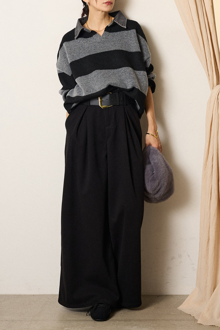 [SET]デニムカラーボーダールーズニット+ゴールドバックル太ベルト付きワイドパンツ(2set)