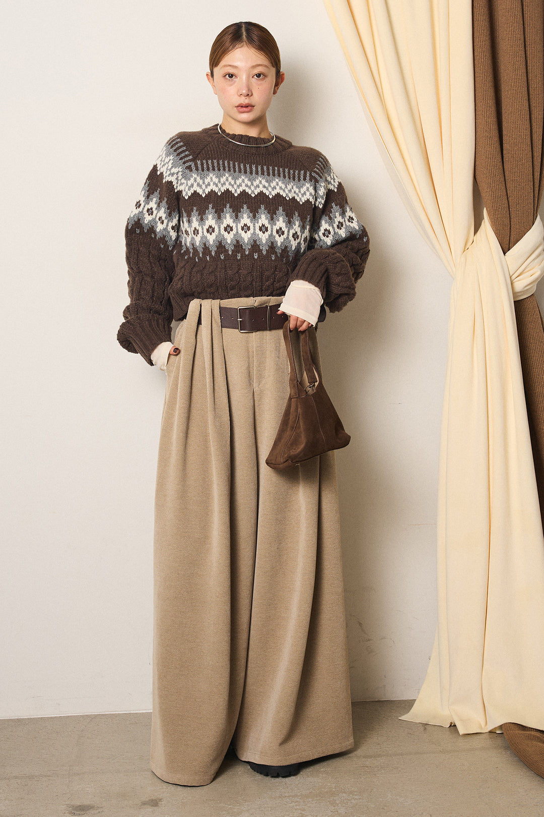 [SET]2WAY求心柄ジャガードショートカーディガン+ベルトループコーデュロイワイドパンツ(2set)