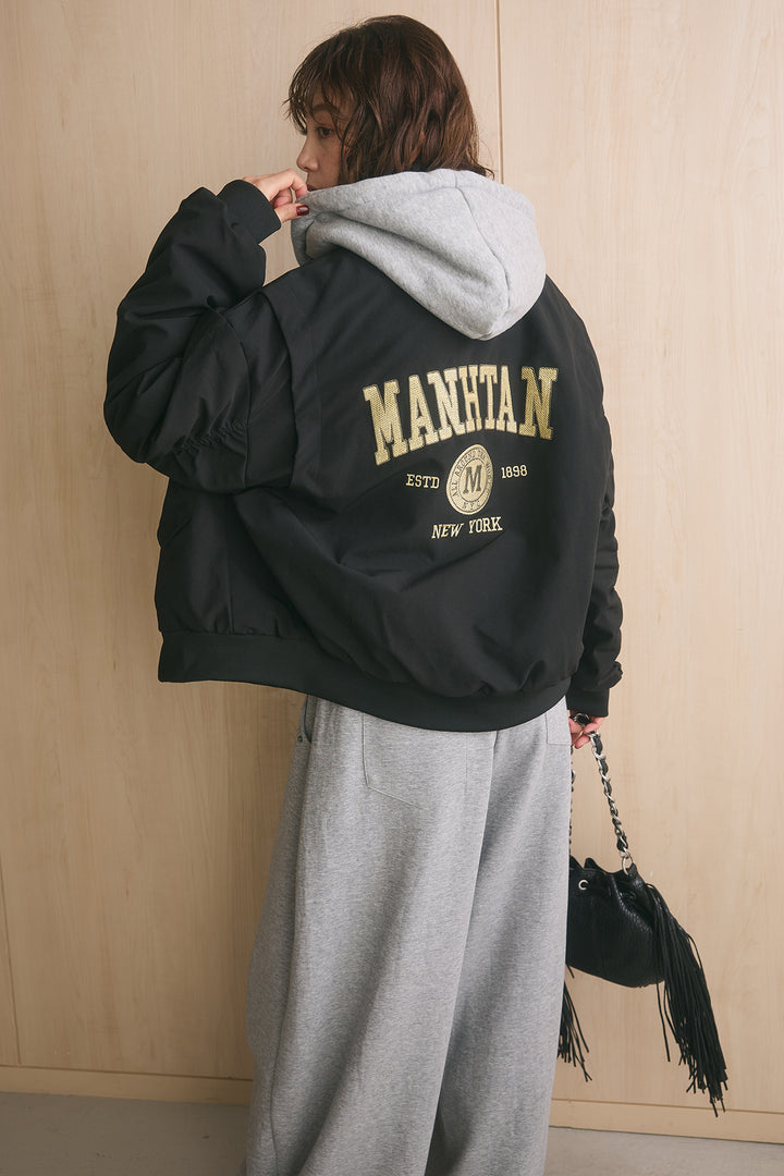 [SET]カレッジロゴフーディーブルゾン+スタッズ付きニーサイドタックスウェットパンツ(2set)