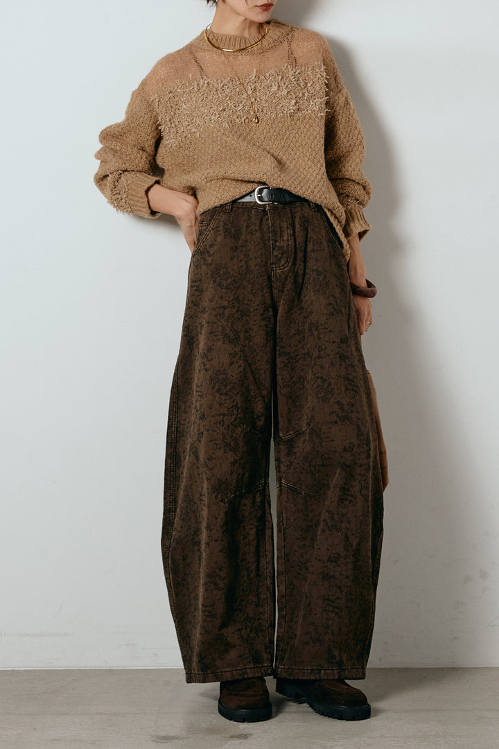 [SET]パターンランダム編みニットトップス+ベルト付きニュアンス柄カーブワイドパンツ(2set)