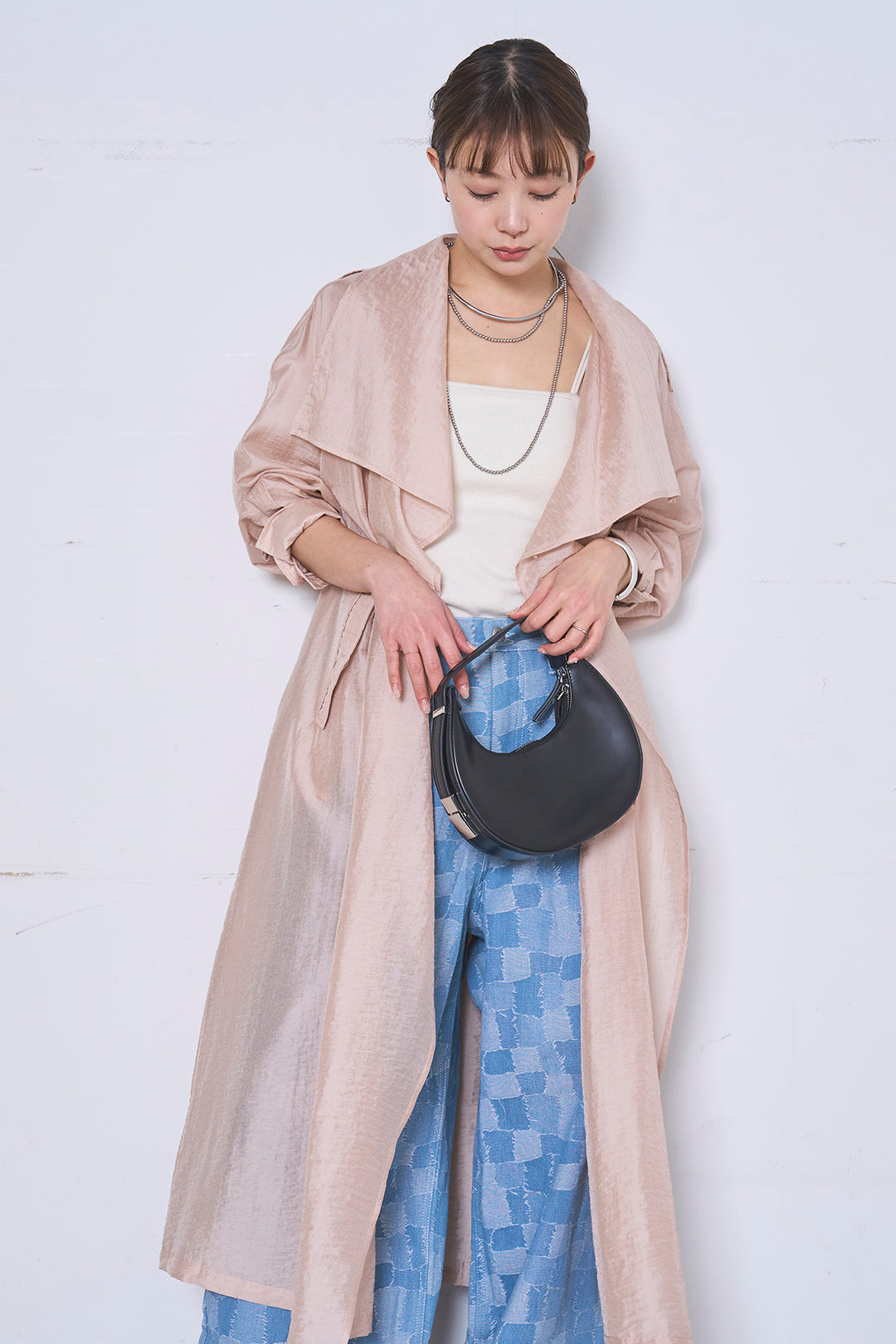 [SET]ロングシアーアウター+パッチワーク風デニムワイドパンツ(2set)