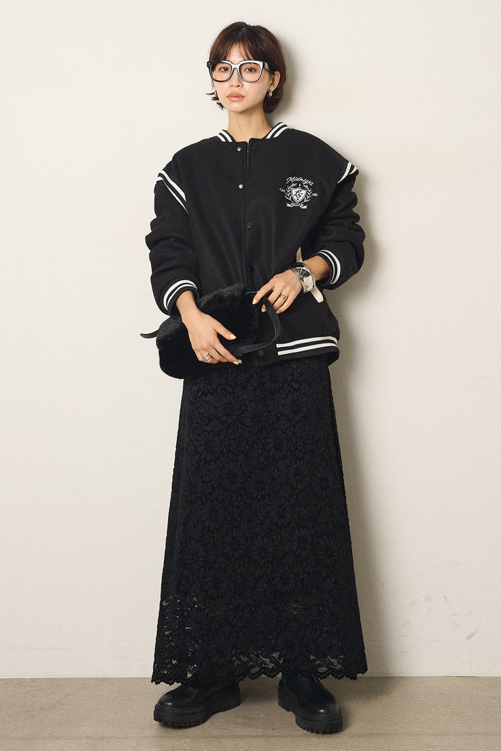 [SET]ワンポイントデザインブルゾン+花柄刺繍ベロアフレアスカート(2set)