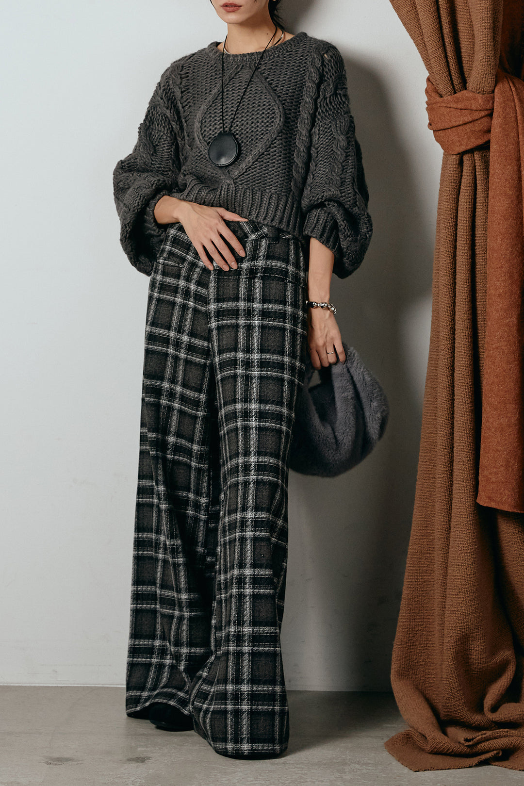 [SET]ロービングケーブルショート丈プルオーバー+ルーズタータンチェックワイドパンツ(2set)
