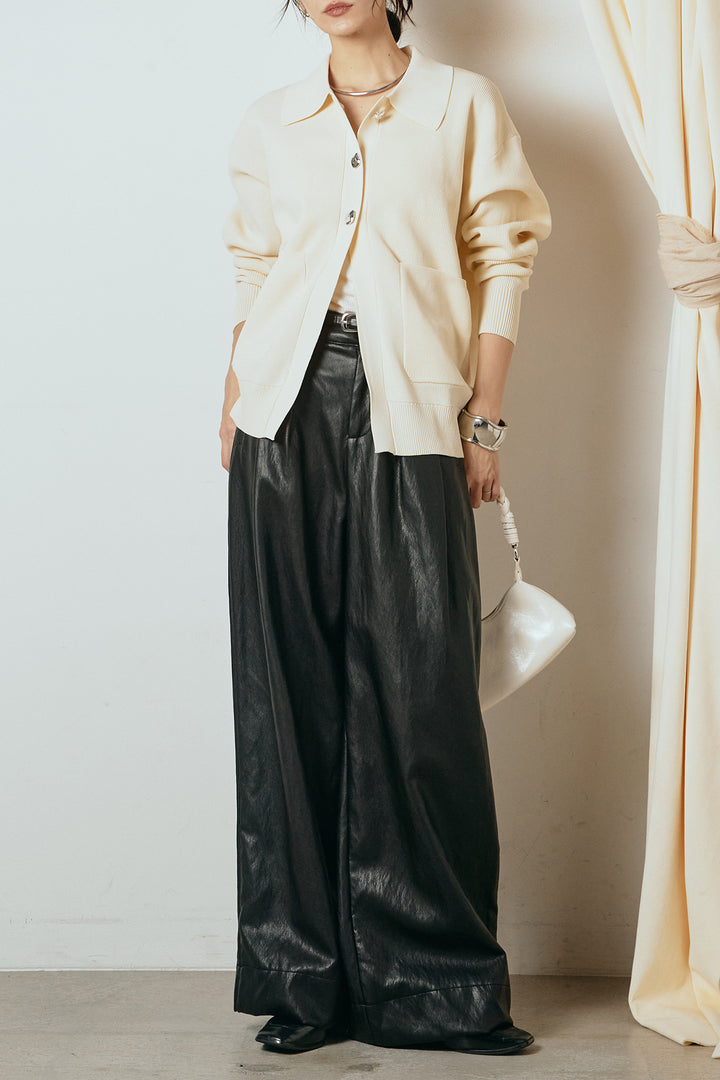 [SET]メタル釦衿付きニットカーディガン+ベルト付きレザーライクタックパンツ(2set)